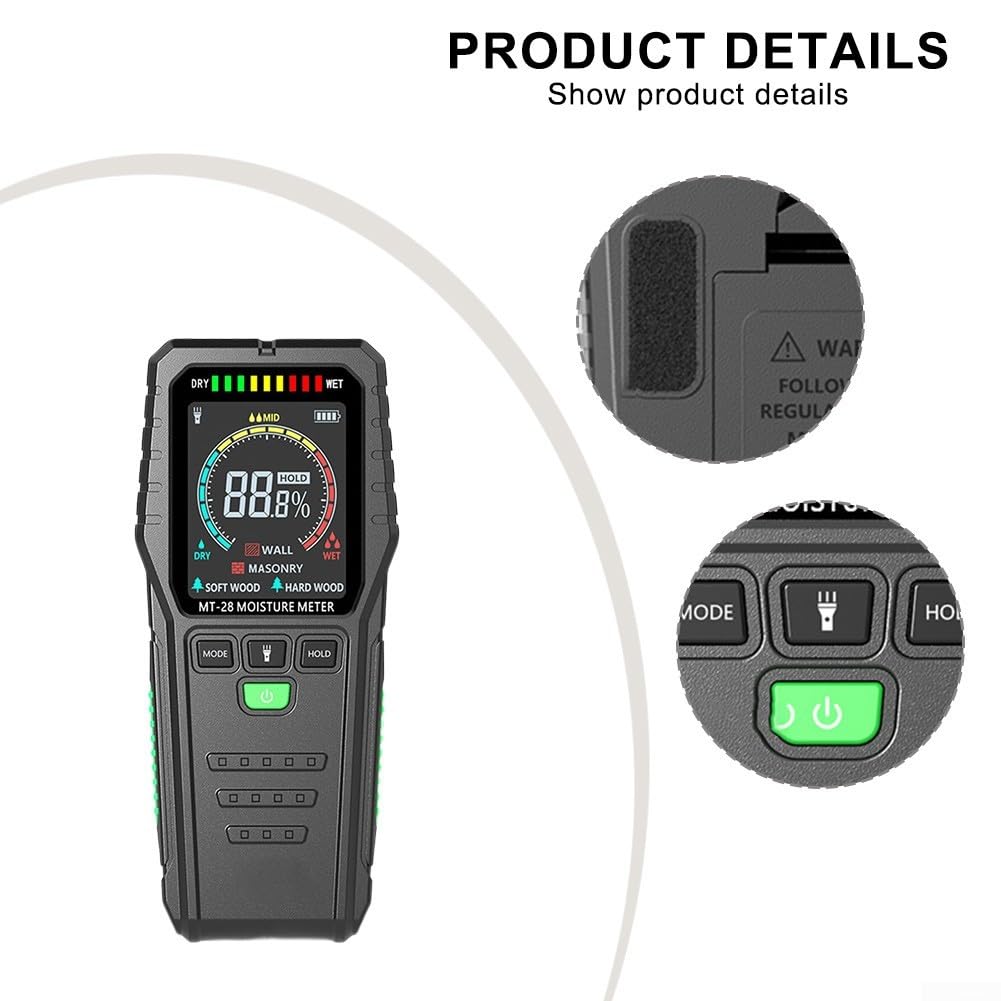 Medidor de humedad de madera Pinlos USB-C recargable 2,7 pulgadas pantalla a color alarma para renovación de materiales de construcción 150 x 67 mm