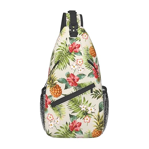 NISENASU Tropical Pineapple Sling Bag Crossbody Backpack,Hawaiian Pineapples Seamless Pattern Tropical Palm Leaves And Flowers Chest Bag Adjustable Shoulder Backpack Travel Hiking Daypack