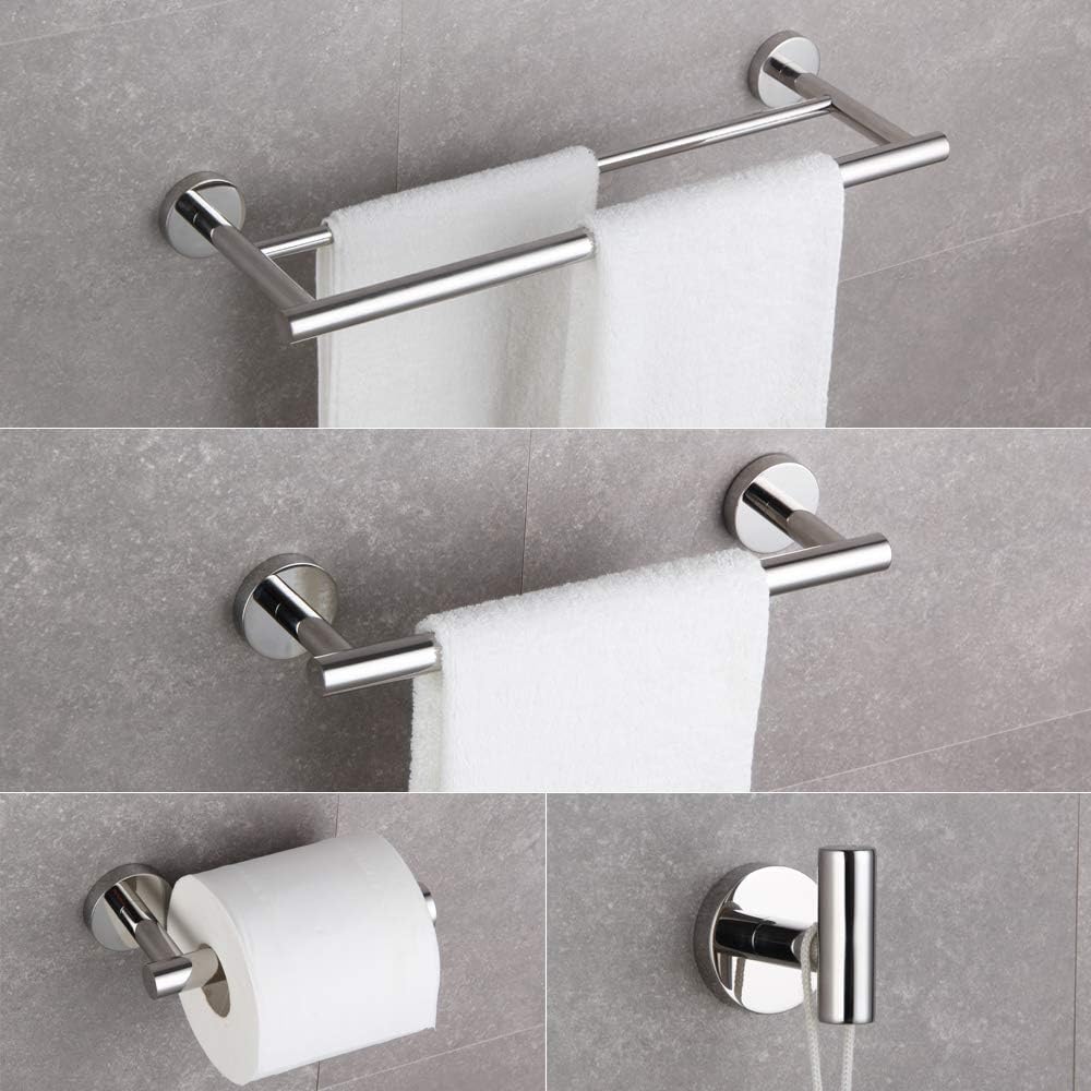 Suреr Dеаl Prоduсt GERZWY 4-Piece Bathroom Accessory Set SUS 304 Stainless Steel Double Towel Bar Toilet Paper Holder Towel Ring Robe Hook Wall Mount, Polished Finish