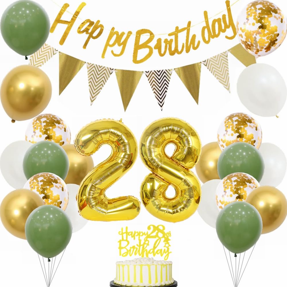 Yunchu Online 28 Geburtstag Deko Frauen Manner 28 Jahre Geburtstag Party Dekoration 28. Tortendeko Sage Grün Weiß Gold Party Ballons
