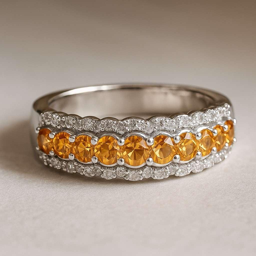 Natural Citrine and Diamond Ring in Solid 14K Gold or 925 Sterling Silver – November Birthstone Ring – Elegant Stackable Band for Women