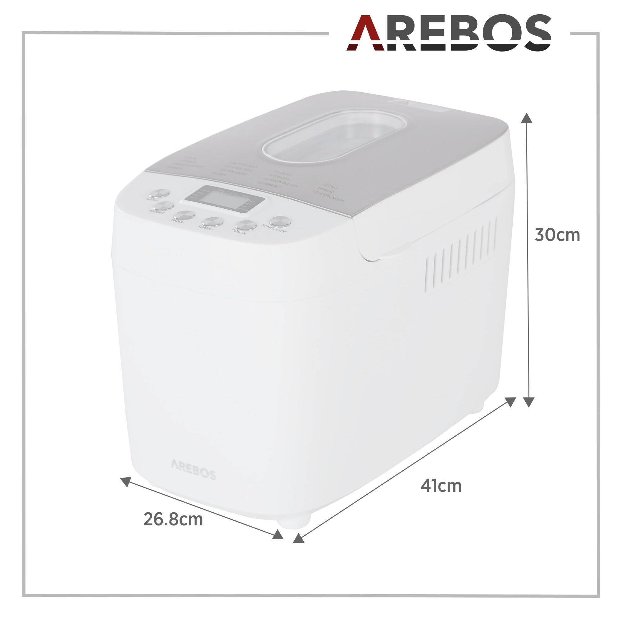 Arebos Wypiekacz do chleba 1500g | z 15 programami | 2 haki do ciasta | Timer | Wyświetlacz LCD | 3 poziomy przyrumienienia i rozmiary chleba | 850 W | Biały