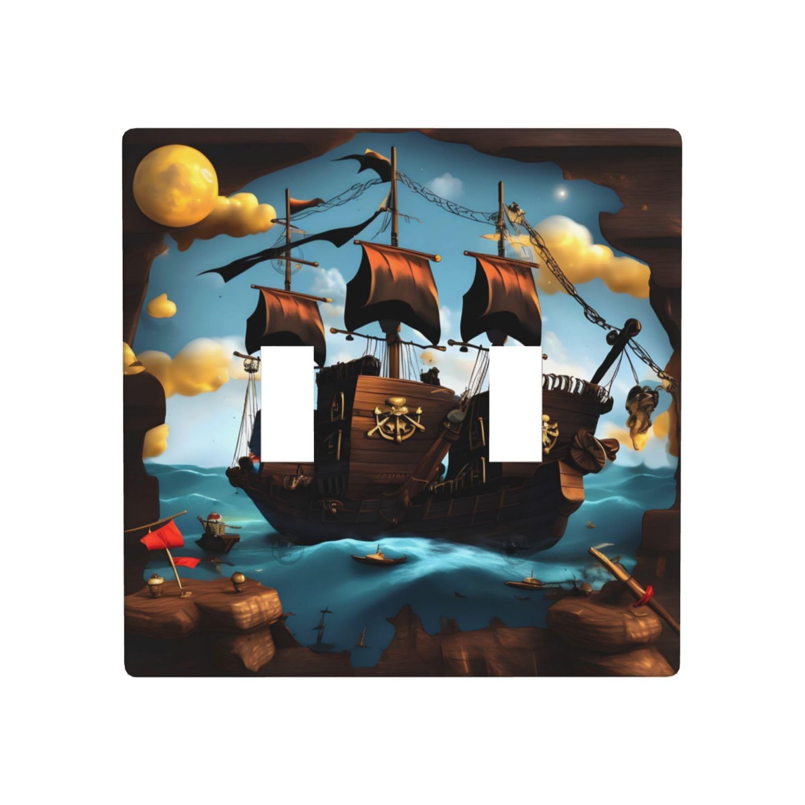 Cartoon pirate ship Durable Decorative Wall Plate Double Switch Cover - PC Material for Living Room, Kitchen, Bedroom