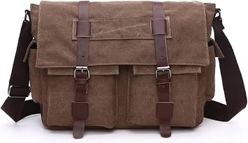 SOUGAO Messenger Bag for Men 14 15.6 Inch Canvas Laptop Computer Bag Leather Briefcase Brown
