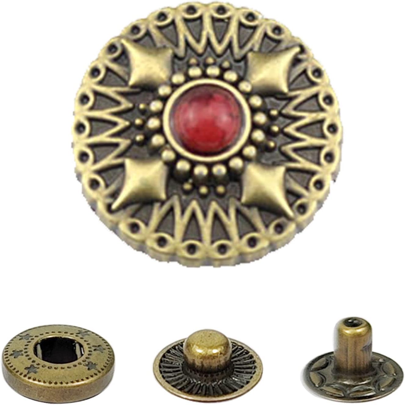 LckCryspho レザースナップボタンセット 17mm ブロンズ 20セット &ndash; レッドターコイズ柄 装飾付き 取付工具付