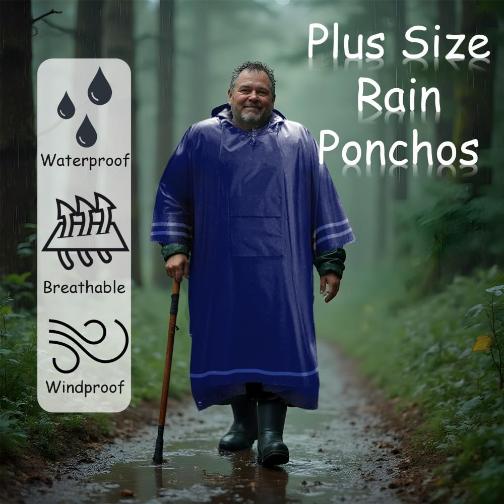 Plus Size Rain Poncho with Hood and Reflective Stripes, Big and Tall Rain Poncho, Ideal as Rain Ponchos for Adults - Image 3
