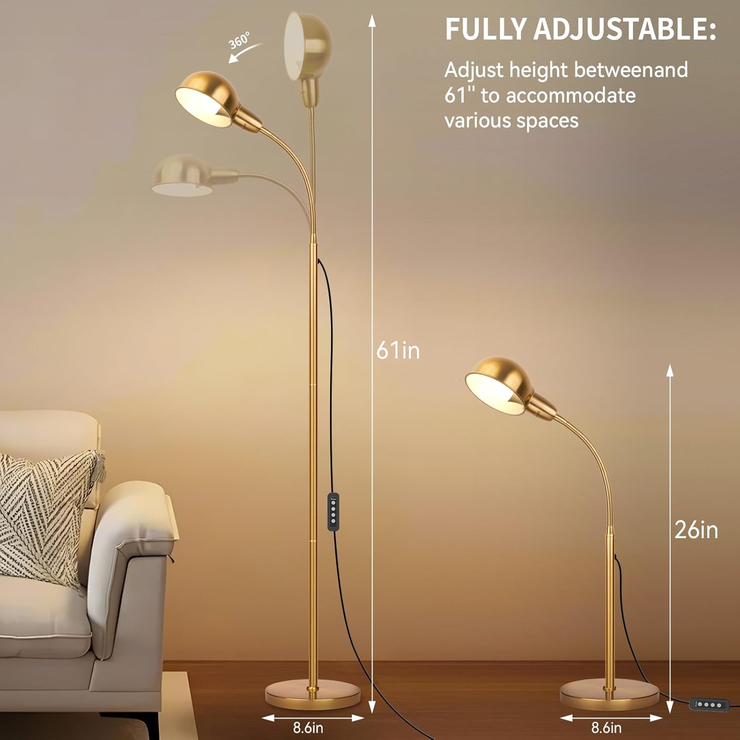 Gold Floor Lamp with Flexible Gooseneck and Rotatable Shade，Standing Lamp Include Dimmer LED Bulb，Ideal Tall Lamp with Dimmer and Timer Switch for Reading,Bedside and Living Room (Gold)