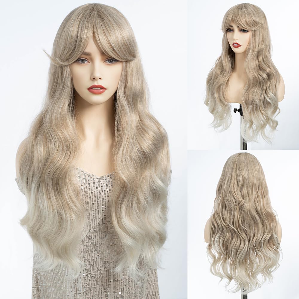 DÉBUT Long Wavy Wig With Fringe for Women Heat Resistant Synthetic Ombre Brown to Blonde Wigs With Bangs for Daily Party Cosplay Use(26 inches