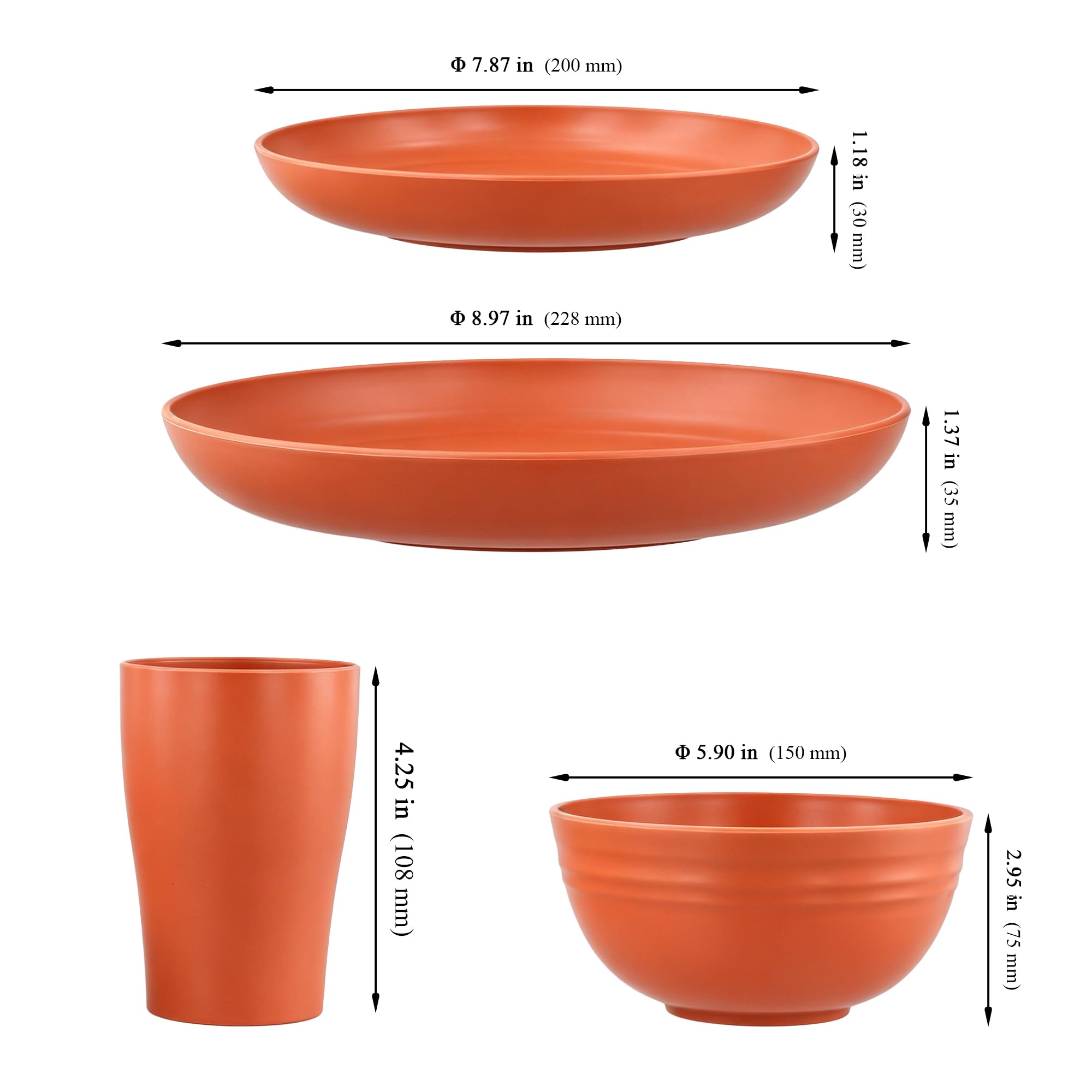 Service de table 32 pièces en plastique incassable - Assiettes plates, assiettes à salade, bols et tasses pour camping, pique-nique et fête, passe au micro-ondes et au lave-vaisselle