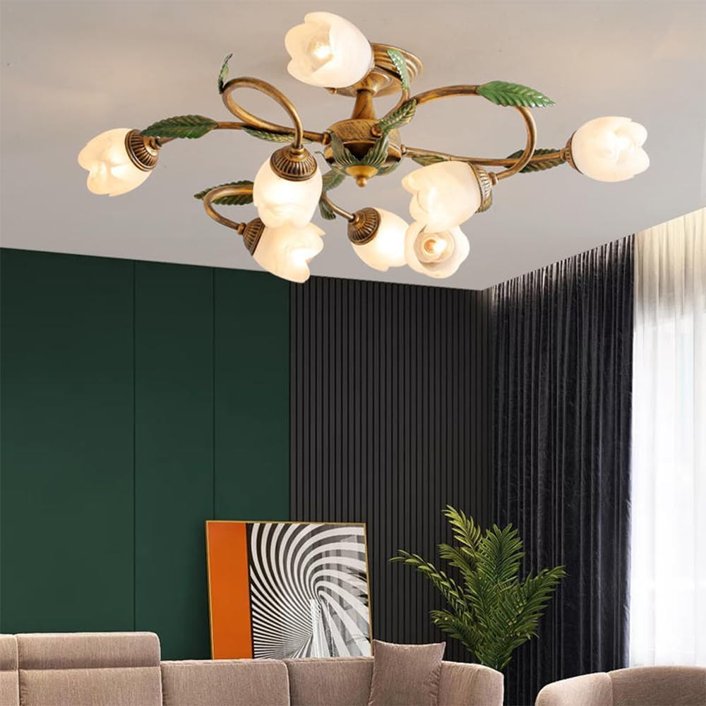 Lustre LED 8 lumières pour éclairer un grand salon sombre, suspension fleur pastorale