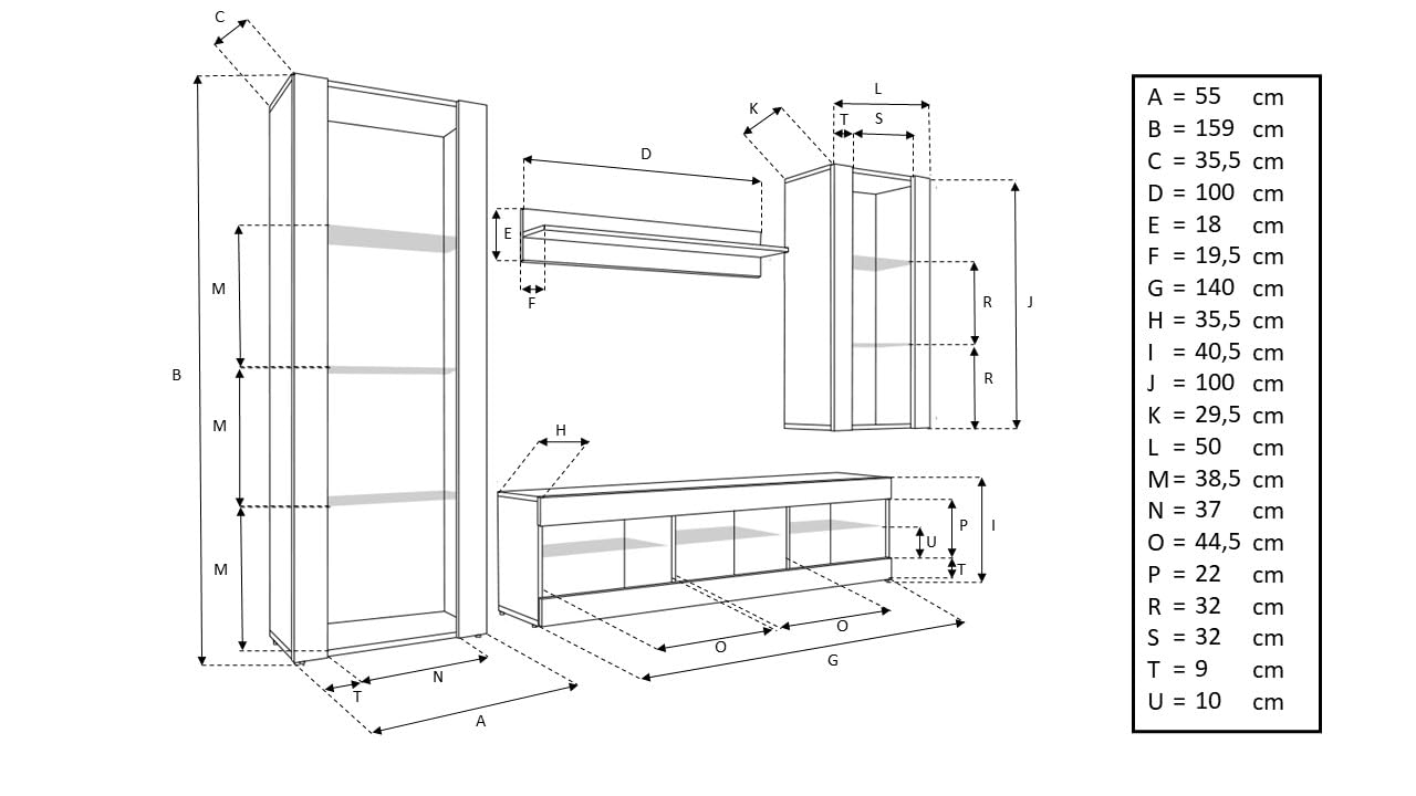 Komodee, Set Di Mobili Porta TV Tivoli Medio RTV, White/Wotan, LED Blu, Larghezza 245 cm x Altezza 159 cm x Profondità 35 cm, Per soggiorno, Camera da letto