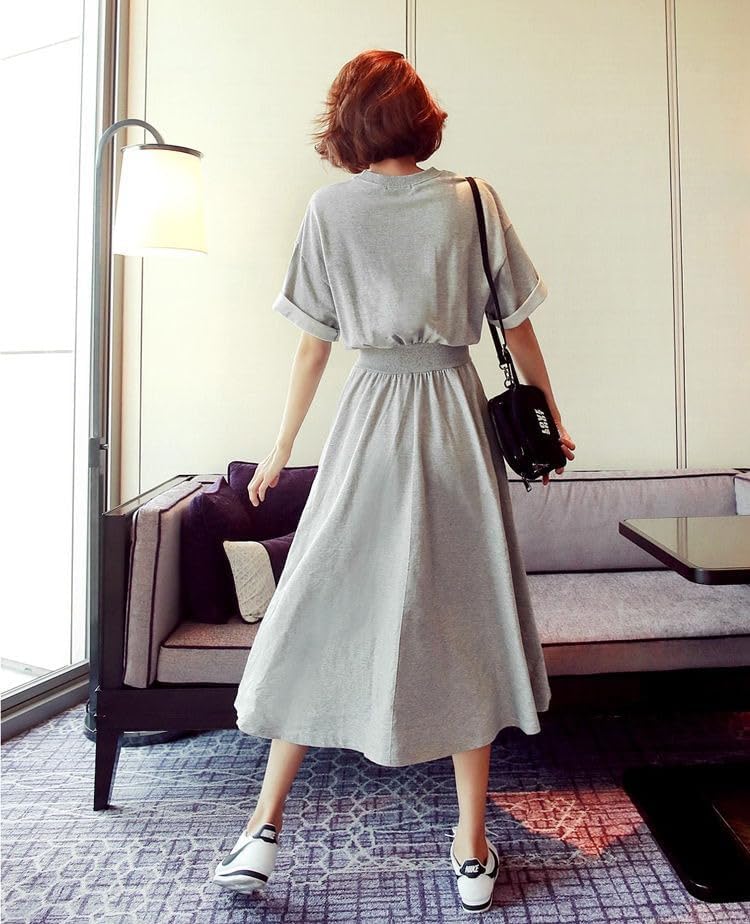[アンリ] スポーティワンピース 半袖 ミモレ丈 ギャザーウエスト 速乾 シワになりにくい 着痩せ 夏物 レディース