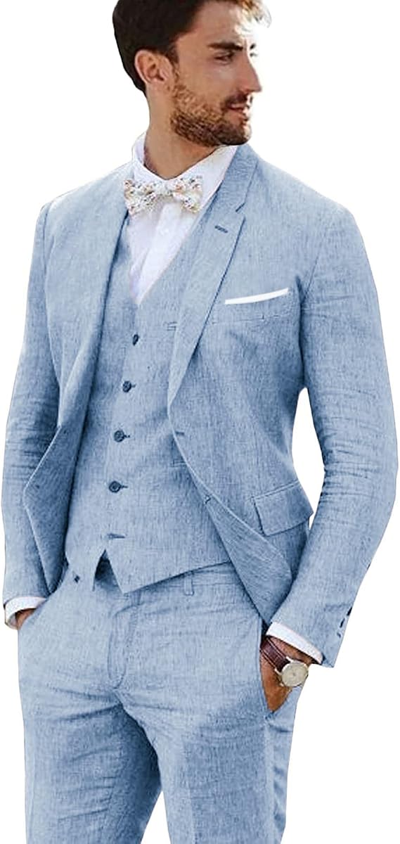 Men Linen Suit 3 Piece Vintage Retro Wedding Suits Slim Fit Tuxedo