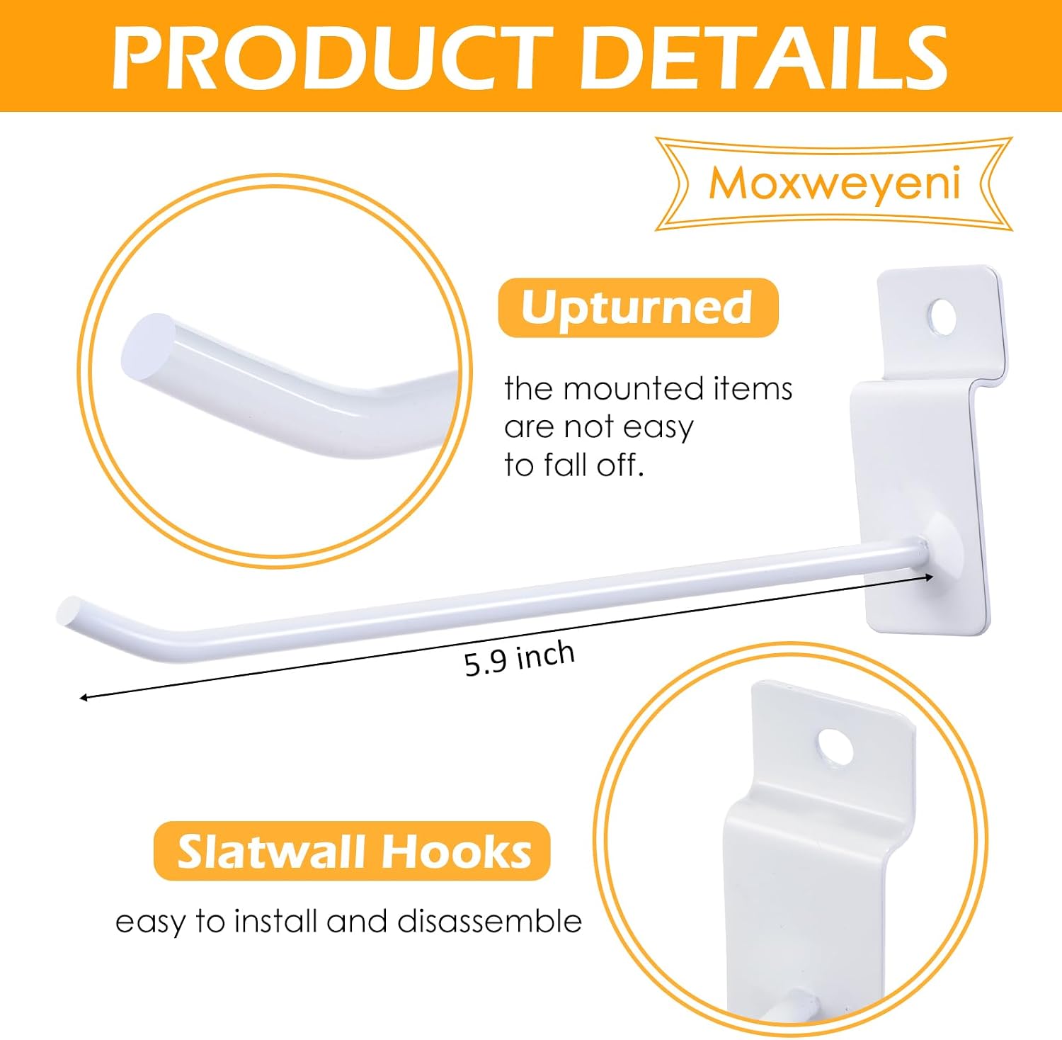 Moxweyeni 100 Pack Slatwall Hooks for Retail Garage Metal,5.9 Inch,White image 2