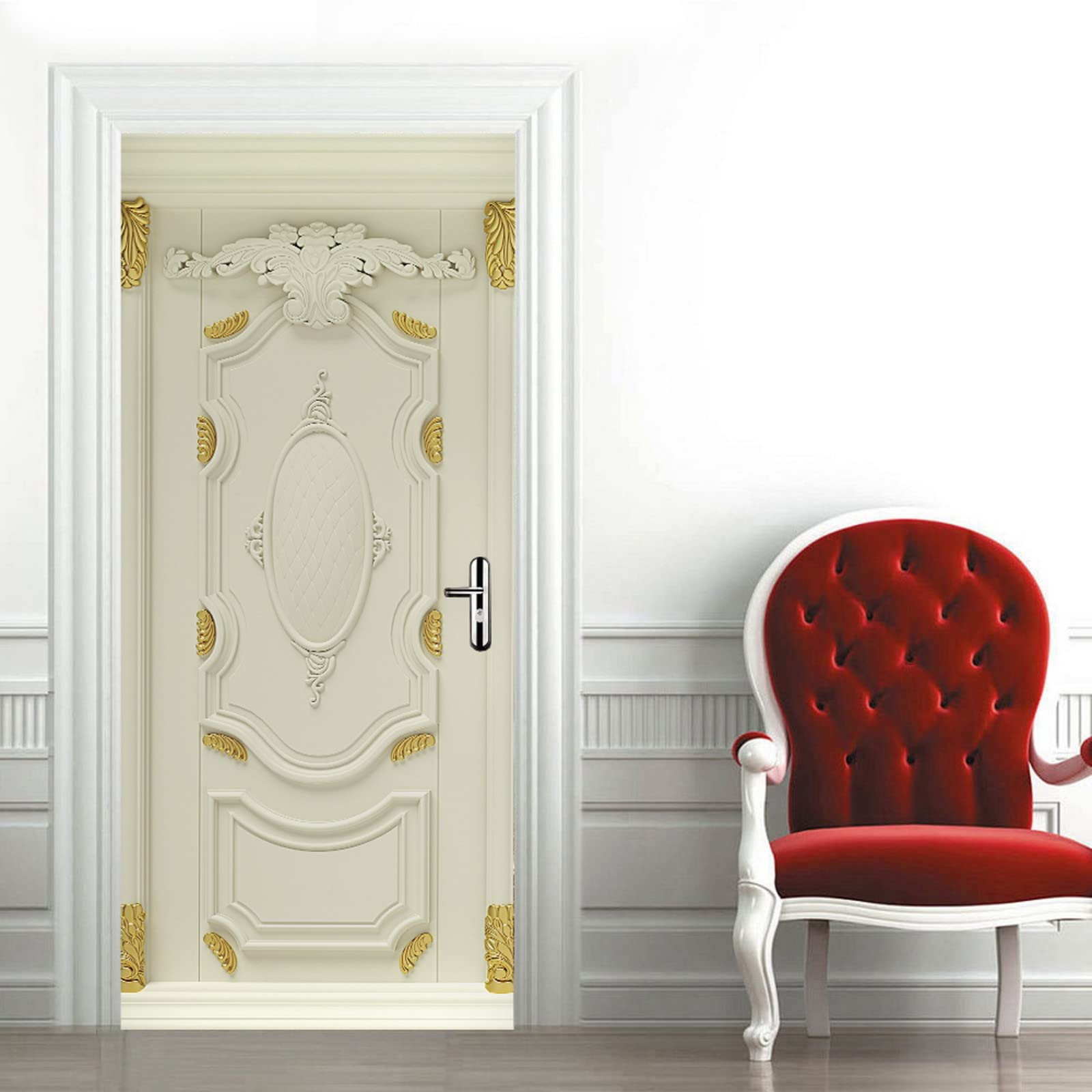 A.Monamour Adesivo Porta Autoadesiva Classica Porta In Legno Bianco Con Rilievi Dorati Vinile PVC Adesivi per Porte Interne 3D Pellicola Adesiva Poster Sticker Murale Parete Carta da Parati
