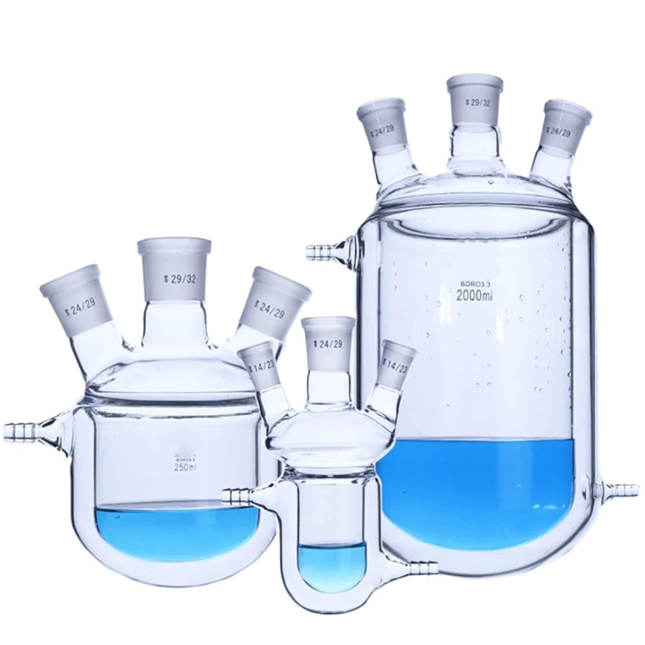 50/100/150/250/500/1000/2000ml 14/23 19/26 24/29 Joint Three Necks Jacket Double Layer Reaction Bottle Lab Glassware Experiment(Size:50ml 19-19-19)