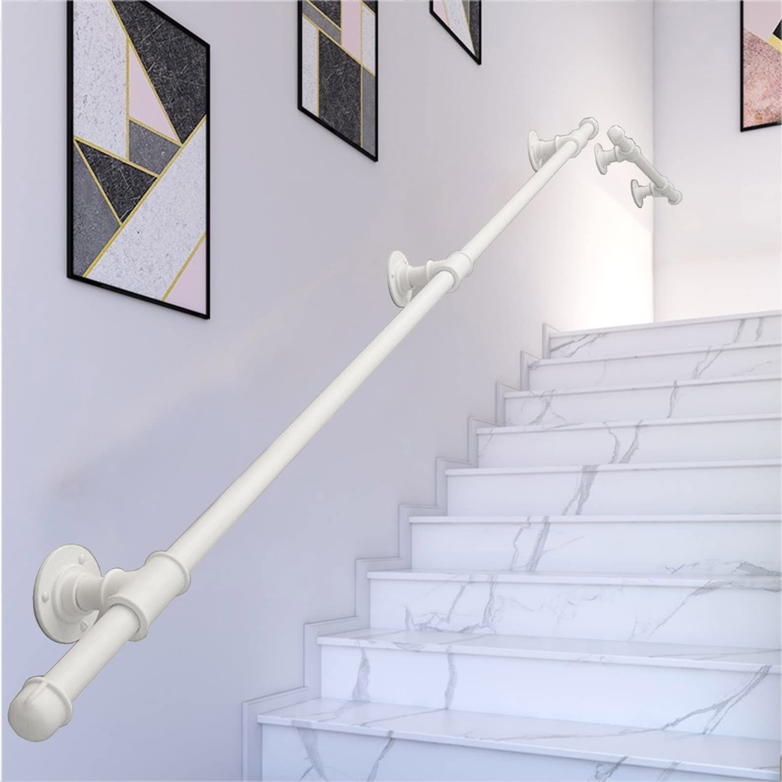 Main courante en fer forgé blanc style tuyau d'eau pour escalier design