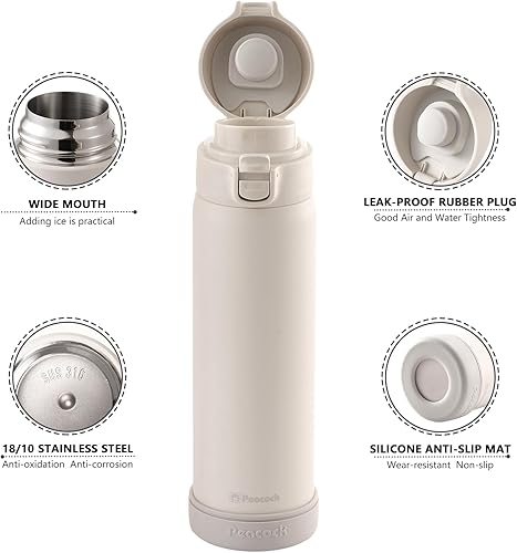 Miniatura 2 de Termo aislado a prueba de fugas con un solo clic de 18 onzas con cierre seguro, acero inoxidable 1810 esmerilado antideslizante doble pared directa