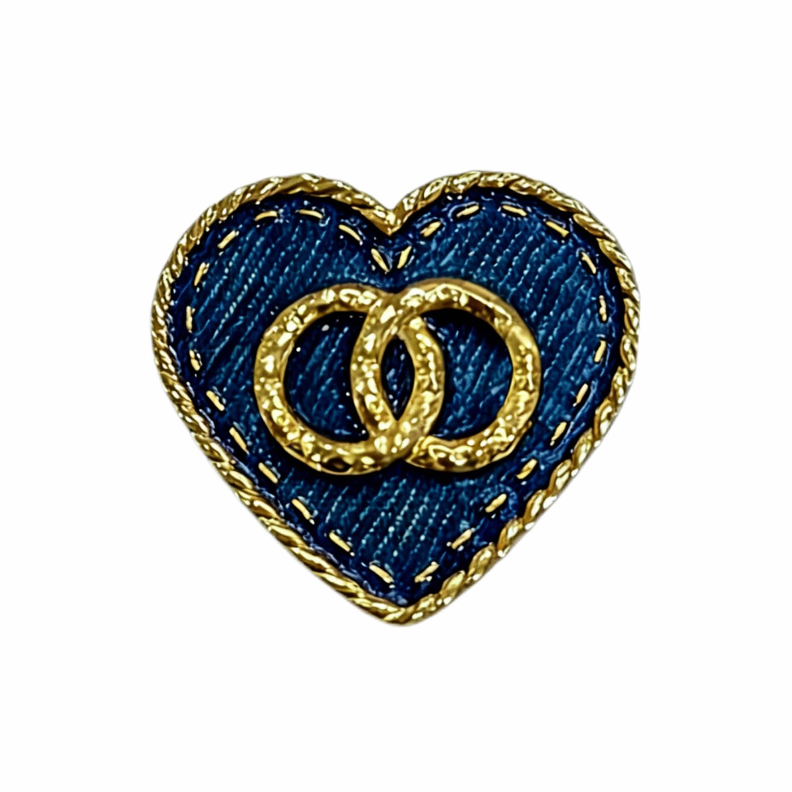 Heart-Shaped Blue Brooch Pin with Gold-Tone, Stitched Edge Detail, Fashion Lapel Pin