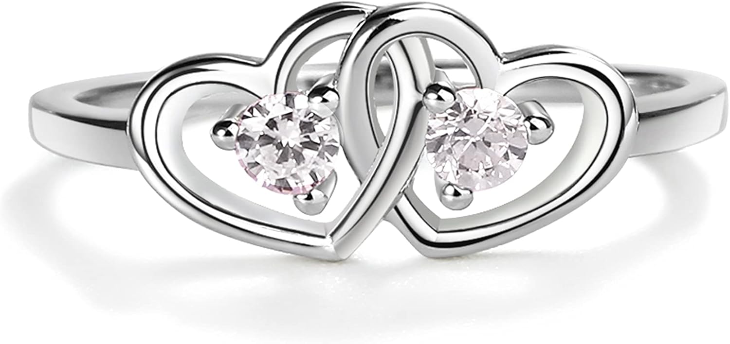 Precious Pieces .925 Sterling Silver Double Heart Baby Ring for Girls with Clear CZ's