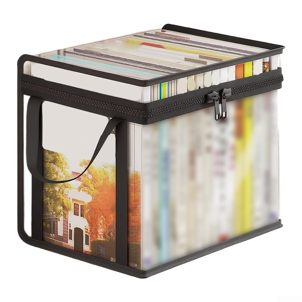 Scatola portaoggetti pieghevole per libri, confezione da 3, trasparente, antipolvere, per scuola, casa, ufficio, in plastica ABS, con coperchio con cerniera, 38 x 25 x 24 cm (nero, grande x 3)