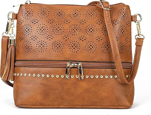 AFKOMST Sac à bandoulière en cuir de taille moyenne pour femme Sac Messenger Sac à main Vintage Look Sac à main Sac à bandoulière Multisac(abricot)…, Marron 2 Cover