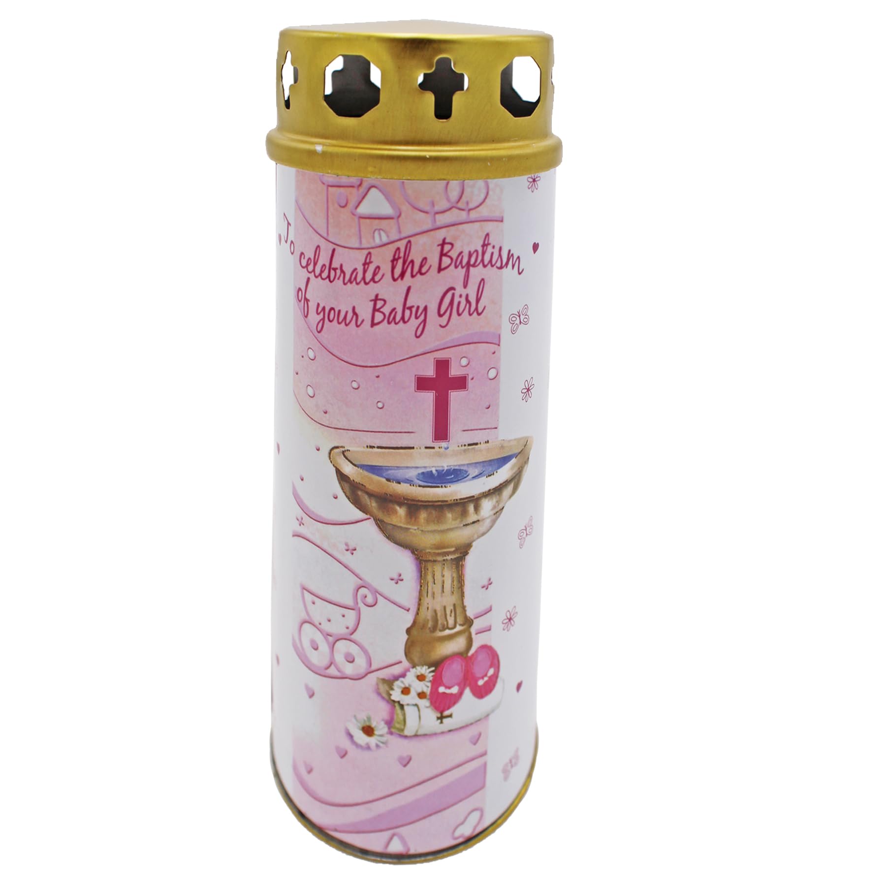 17cm Pillar Candle for Baptism of Baby with Windproof Cap and Prayer (Baby Girl 3907)