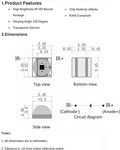 Miniatura 3 de 10pcs 3W LED infrarrojo 3535 SMD LED emisor infrarrojo Ir LED Chip (120 grados, 700nm-705nm, chip 42mil)