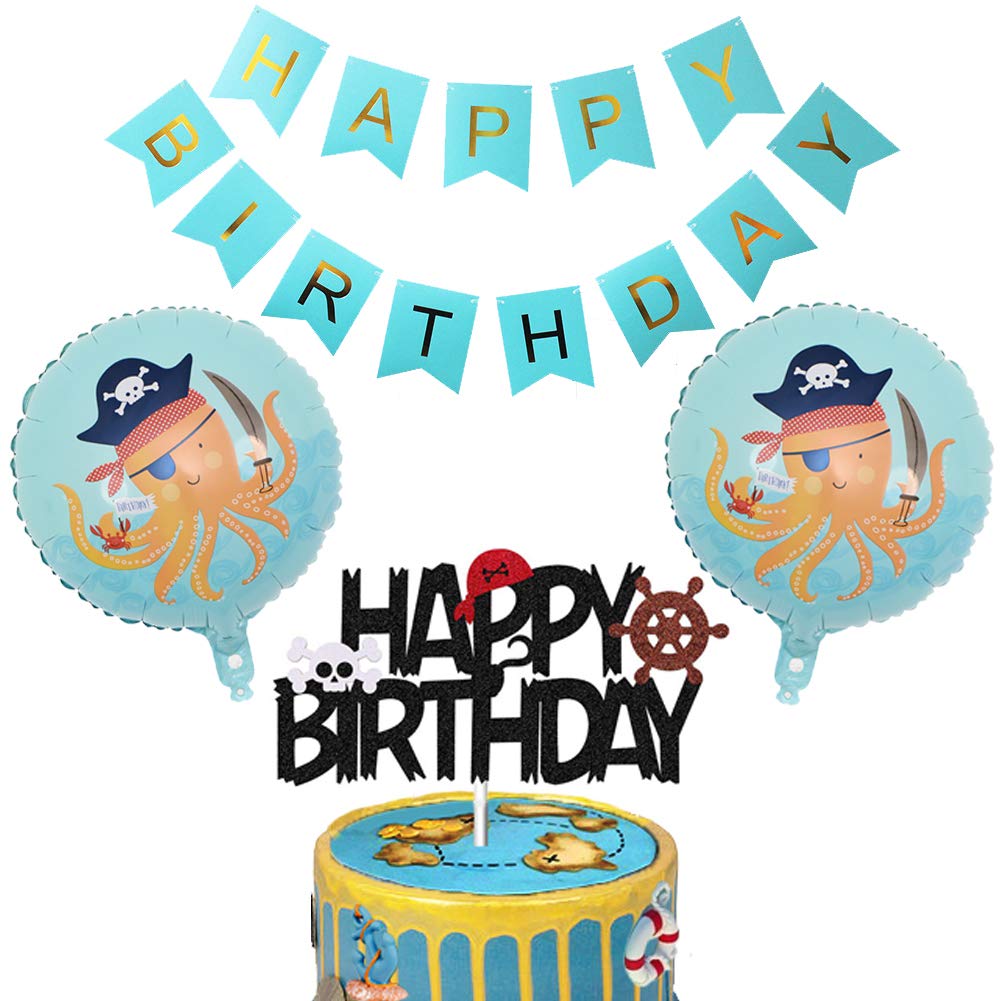Geloar Pirate Birthday Party Decorations, Pirate Theme Birthday Party Supplies Baby Shower Happy Birthday Banner Pirate Balloons Cake Topper for Boys Kids Children 1st 2nd 3rd 4th Birthday (Blue)