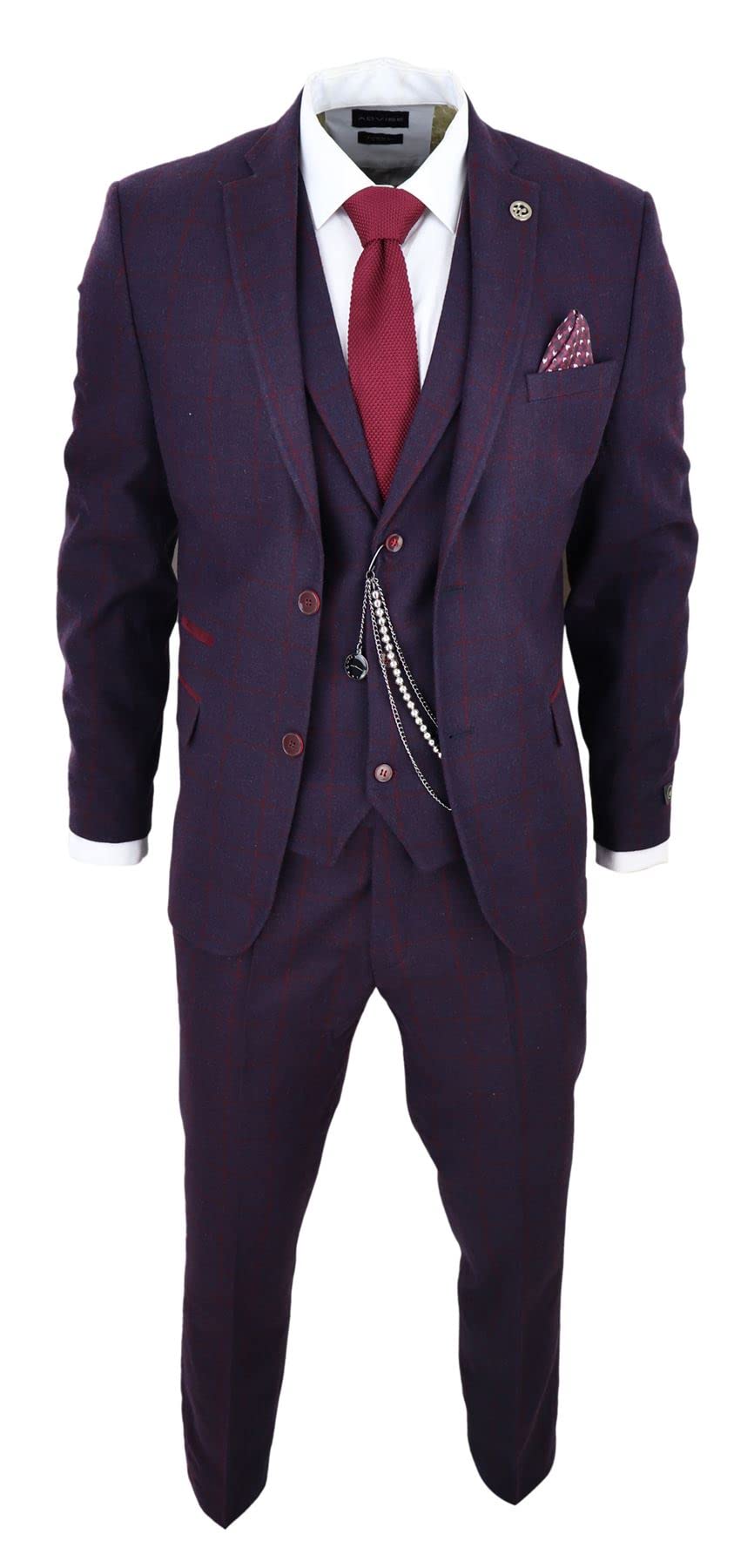 Men's 3 Piece Suit Wool Tweed Plum Wine Check 1920s Gatsby Formal Dress Suits - Plum 48