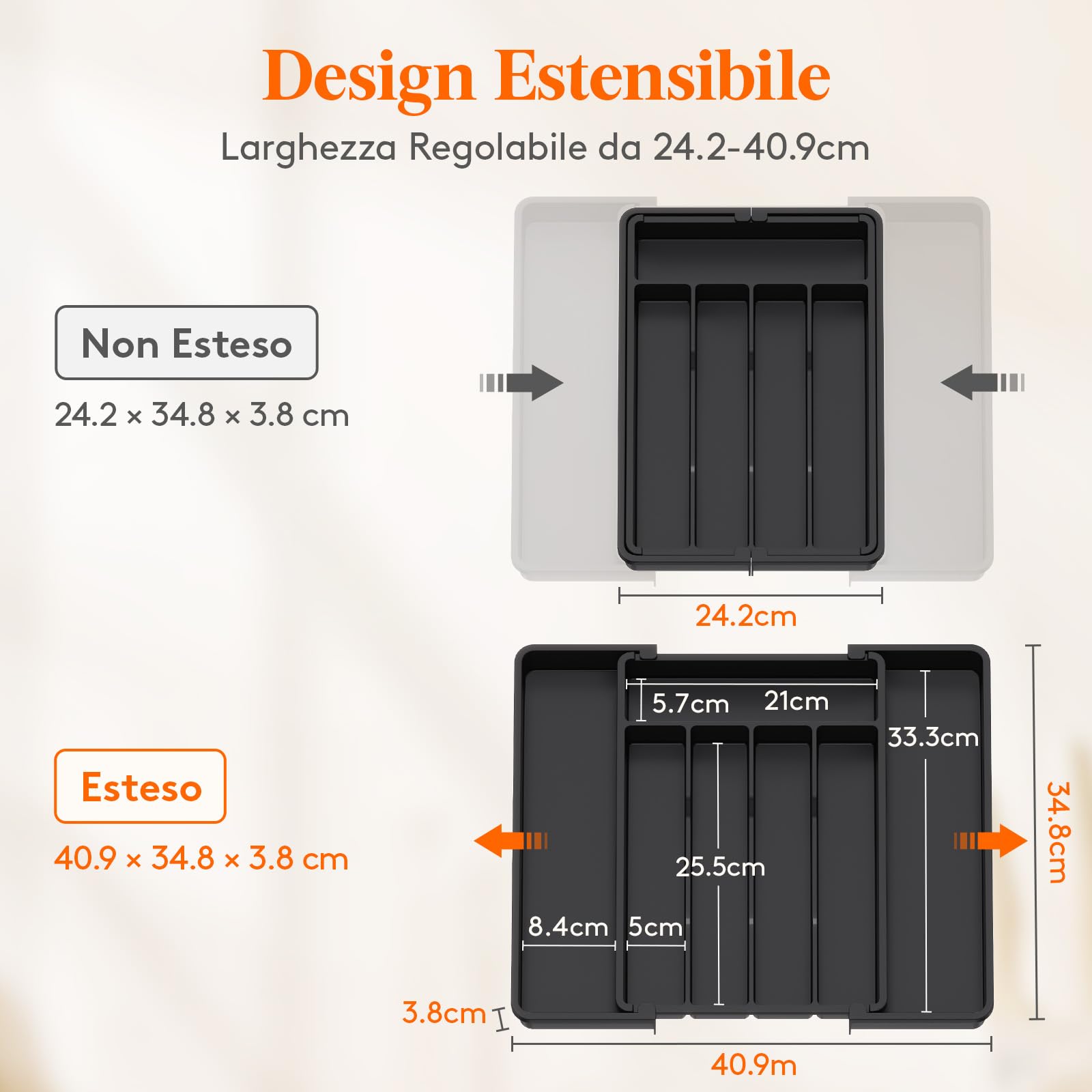 Lifewit Portaposate da Cassetto, Organizer Cucina Espandibile, Porta Posate Regolabile in Resistente Plastica per Cucchiai e Forchette, Profondità 34cm, Estensione max 41 cm, 1 Pacchi, Nero