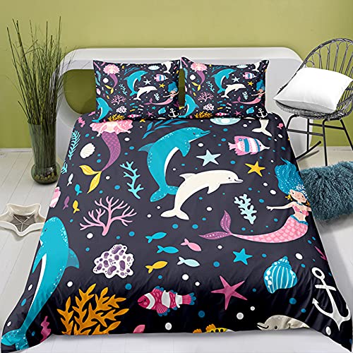 Kinder Bettbezug-Set - Karikatur Delfine Bettwäsche Set mit Kissenbezug für Mädchen Jungen Kinder Geschenk,Double (200x200cm+2x50x75cm) Cover