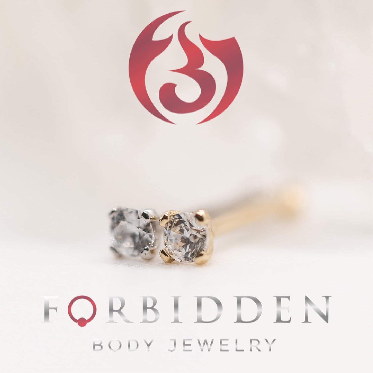 Forbidden Body Jewelry 14k Gold Nose Ring, 20g, Solid 6mm Stud, 2mm CZ Simulated Diamond, Non-Irritating Skin Safe Real Gold, Women and Men