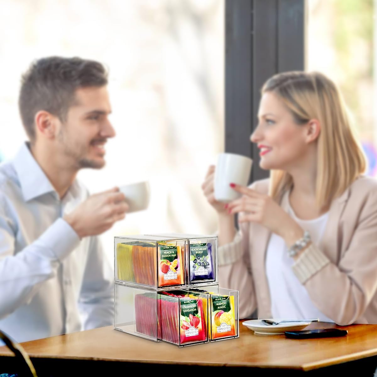 4 Pack Tea Bag Drawers Organizer, Clear Plastic Stackable Tea Organizers and Storage, Portable Tea Bag Holder 6.5" x 4" x 3" for Kitchen Pantry Organizer
