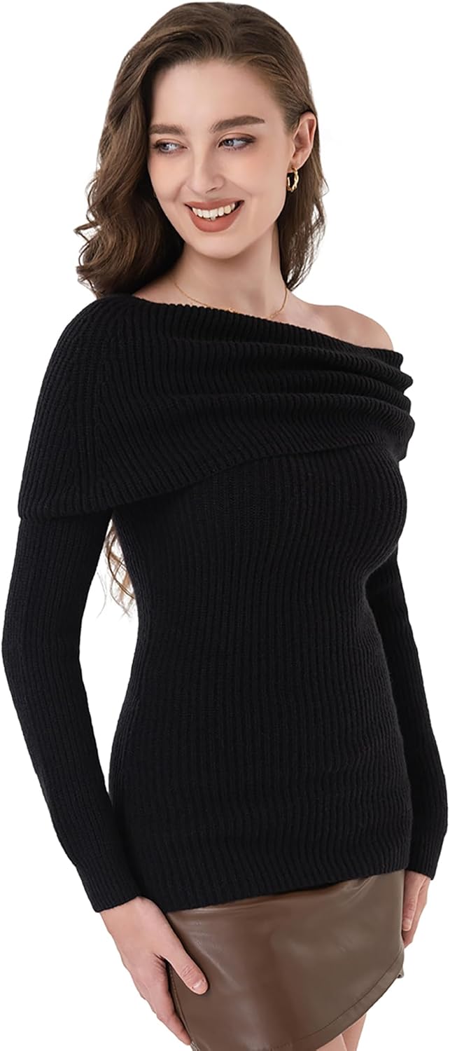 AmélieBoutik Women Off Shoulder Sweater Dressy Casual Slim Fit Long Sleeve Ribbed Knit Going Out Tops Blouse - Image 4