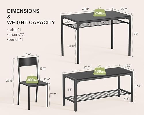 Miniatura 3 de Gizoon Mesa de cocina y 2 sillas para 4 personas con banco, juego de mesa de comedor de 4 piezas para espacio pequeño, apartamento Negro