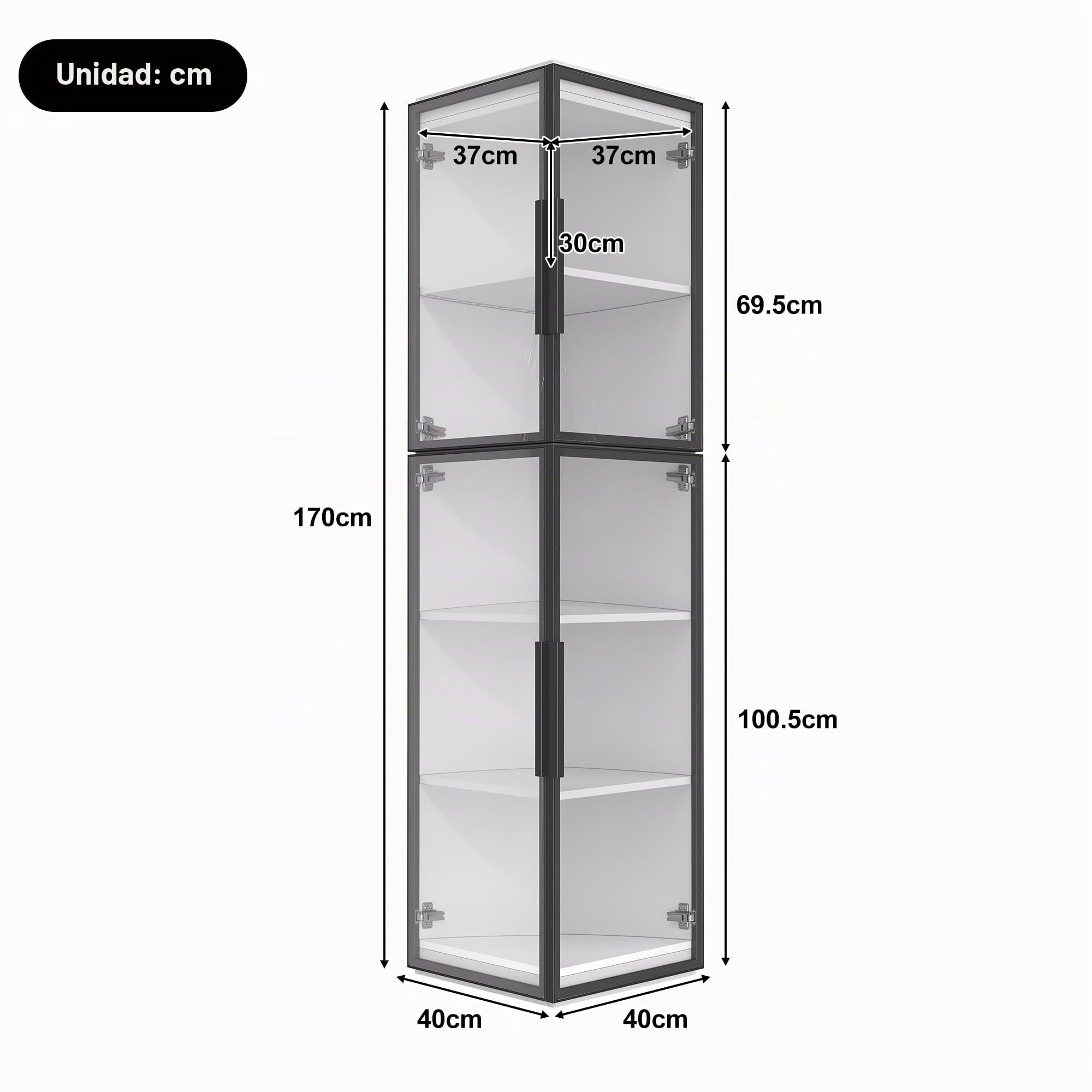 Vitrina estrecha de 170 cm de alto – con cinco estantes e iluminación LED – vitrina acrílica transparente independiente con doble puerta para una visión panorámica – adecuado para la presentación en