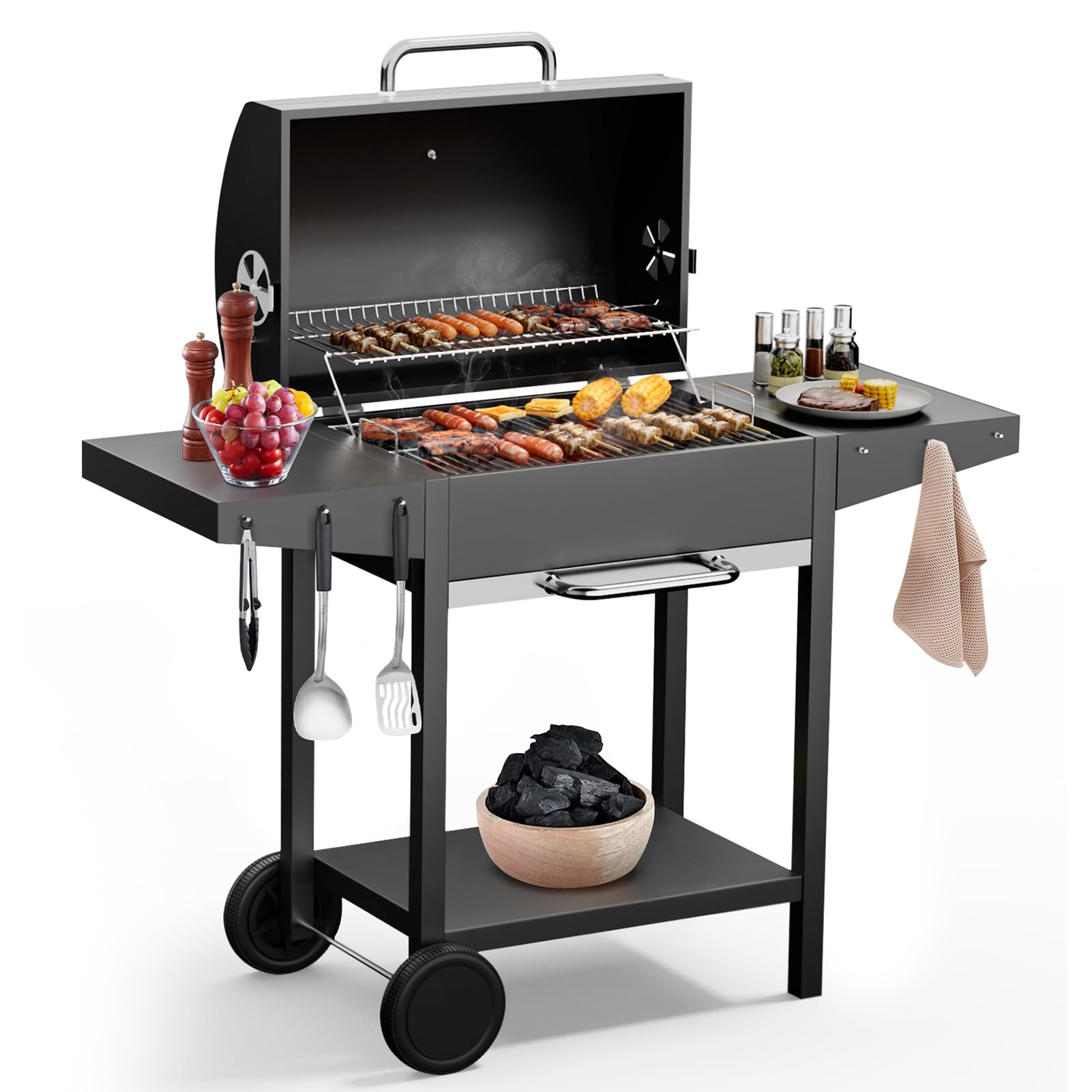 DKIEI Charcoal BBQ Grill, Charcoal BBQ Grill with XL Cooking Area, Portable Barbecue Grill Includes Warming Rack, Temperature Gauge,Outdoor Barbeque Grill Smoker for Garden Camping Cooking