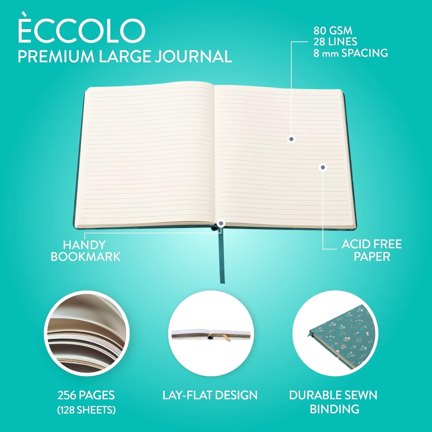 WORLD TRAVELER Large Lined Journal Notebook - Lay-Flat Hardcover 2 Ribbon Bookmarks 256 Ruled White & Ivory Pages 8x10 Inches, Tiny Flowers
