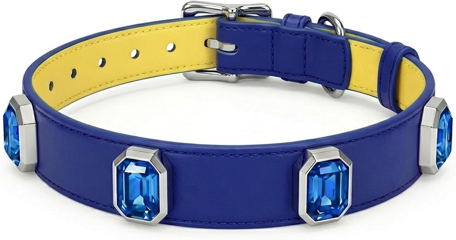Luxury K9 Crystal Dog Collar -Waterproof Wear-Resistant Microfiber Leather with Hand-Set Rhinestone Gems, Durable Metal Buckle, Adjustable Bling Collar for Small Medium Large Dogs (Blue, L)