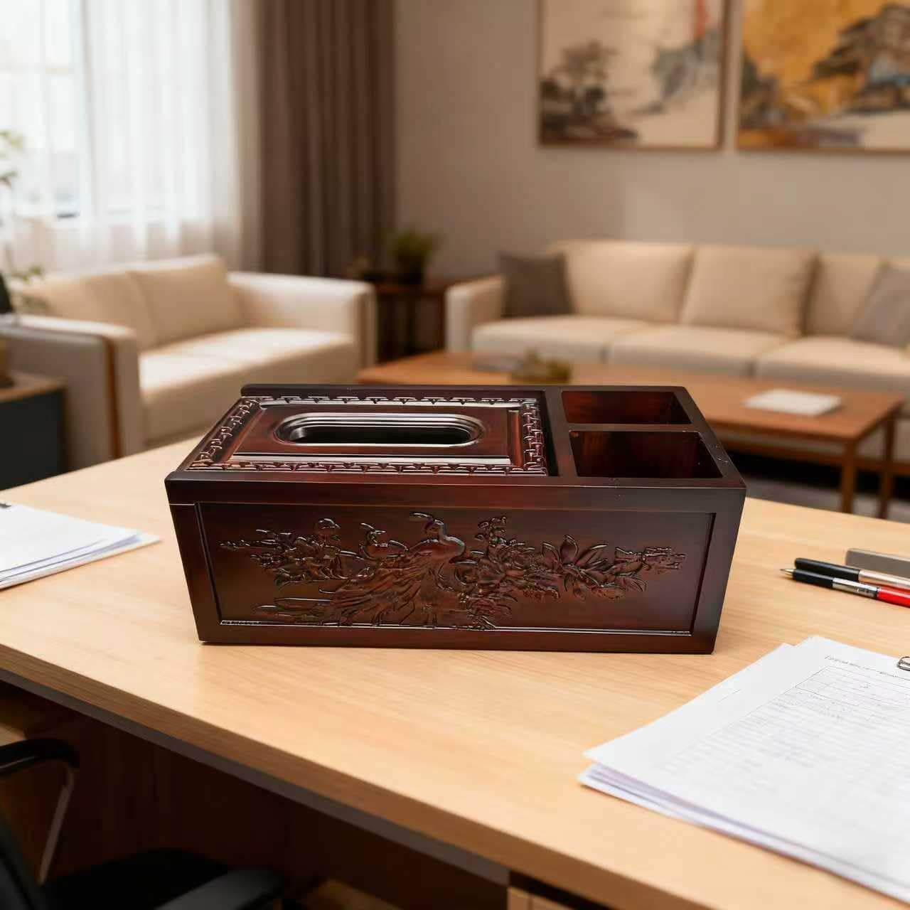 Wood Tissue Box Cover Rectangle Boxes Tissue Box Holder，with Storage，Decorative Tissue Cover for Bedroom, Dinner Table, Office, Tabletop W10 X D4.92 X H3.74 (B)