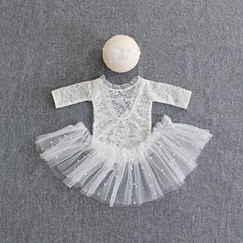 Zeroest Newborn Photography Outfits Girl Lace Romper Newborn Photography Props Rompers Baby Girls Skirt Photoshoot 3Pcs (White-Long Sleeve) #TOP2