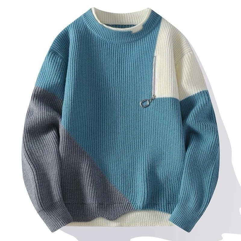 Autumn Winter Thick Warm Men's Knit Sweater O-Neck Patchwork Loose Knitted Pullovers Men Streetwear2