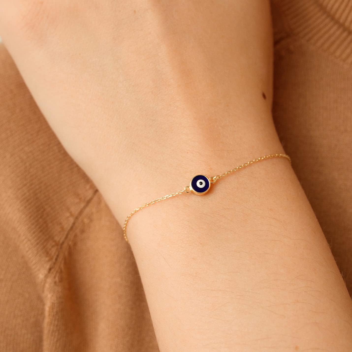 Gelin 14K Solid Gold Blue Evil Eye Bracelet for Women - Dainty Minimalist Enamel Nazar Charm Bracelet Gift