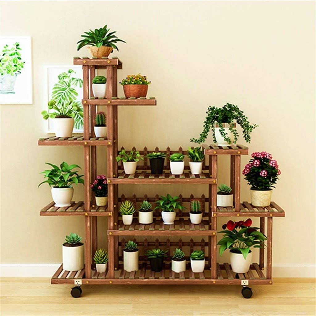 Flower Shelf 1 Large Size Wooden Interior Flower Pot Shelf with Wheels Plant Stand with 7 Tiers Decoration Floor Standing Rack Multi-Layer Garden Display Shelf - L113xD25xH113CM