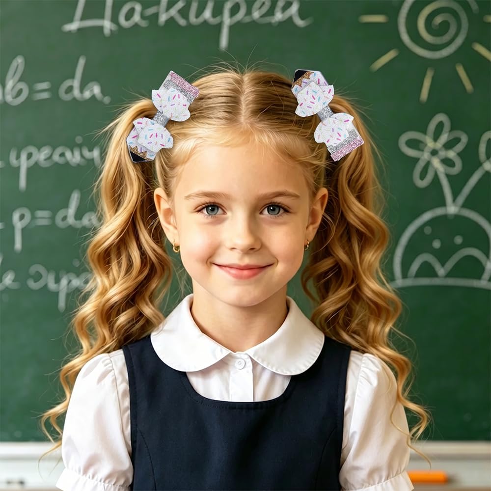2 Pcs Glitter Sprinkle Back to School Pencil Bows Hair Clips image 5