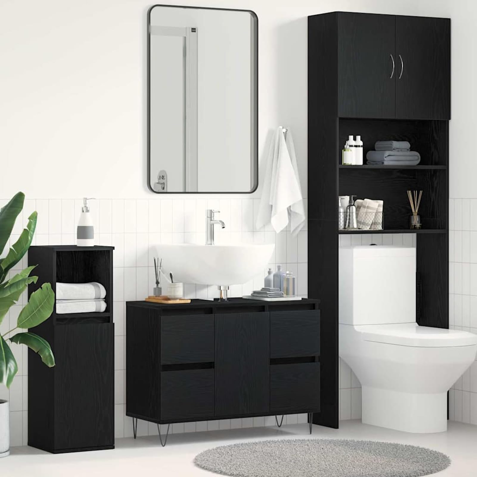 ATOMSTACK MAKER Armario de lavabo de aspecto de roble negro, 80 x 33 x 60 cm, material de madera con puerta y cajón, patas de horquilla industriales, armario para baño para habitaciones húmedas