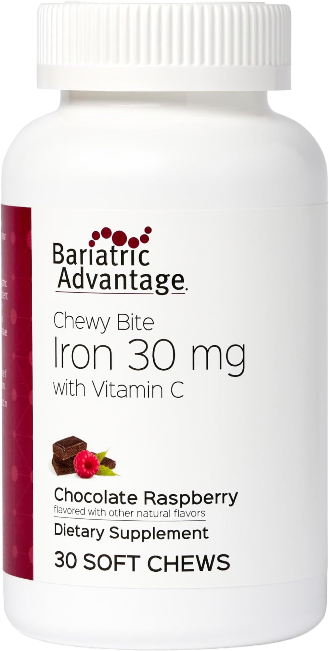 Bariatric Advantage Iron 30 mg Chewy Bite with Vitamin C - for Bariatric Patients - Sugar-Free - Chocolate Raspberry - 30 Count