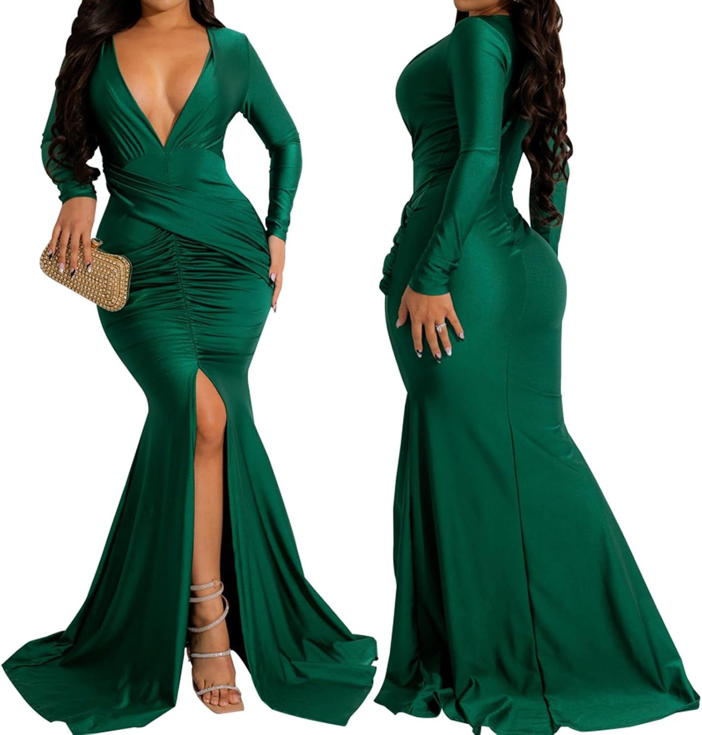 Women's Elegant Formal Mermaid Maxi Dress Off Shoulder Long Sleeve Wedding Split Evening Gown Prom Cocktail Party Dresses - Image 4