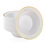 JOLLY PARTY 100PCS Plastic Bowls with Gold Rim-12oz disposable Soup Bowls, Christmas Thanksgiving Premium Dessert Salad Bowls for Wedding/Party